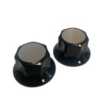 KN010-001 Bass or Guitar Black Knobs Large with Silver Top Insert and White Indicator Dots